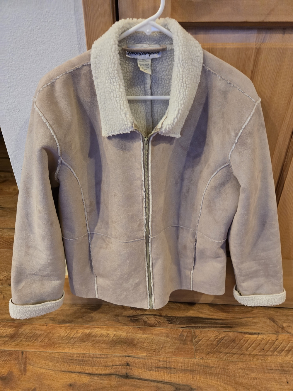 Norm Thompson Taupe Suede-Look Sherpa Jacket with Cream Trim